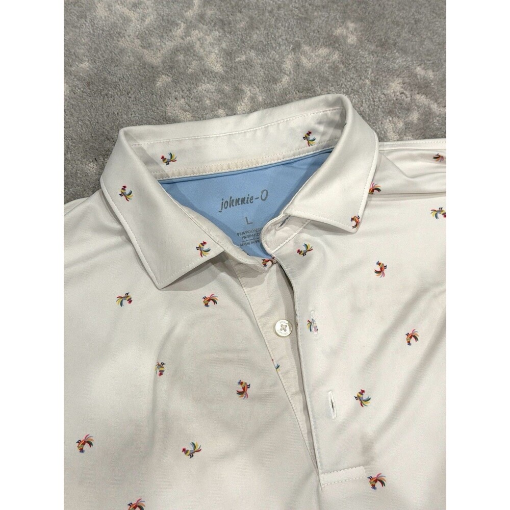 Johnnie-O Men’s Polo Shirt Large White Rooster Print Texas Logo Golf Stretch L